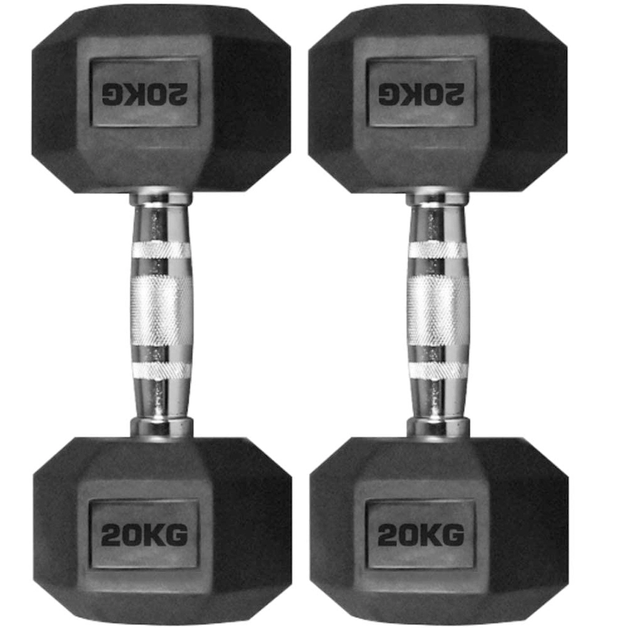 Black Rubber Hex Dumbbells In Pairs 20kg