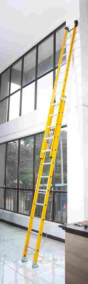 Fiberglass Extension Ladder With Aluminium Steps 2X12,3.5X2= 7.0M, Red, Yellow