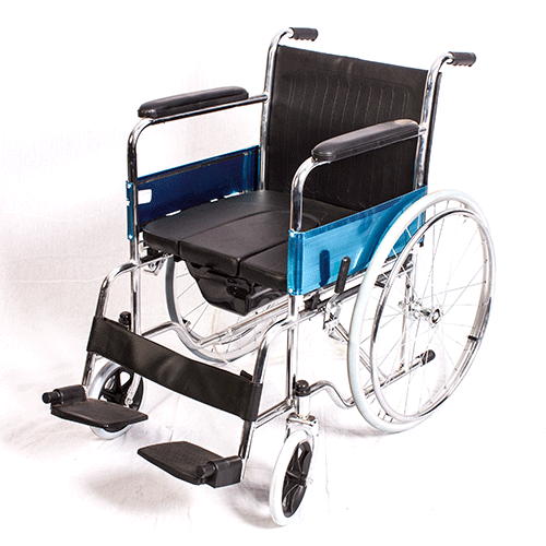 Commode Wheel Chair, Fixed Armrest/footrest, Chrome Finished 8inch Front Castor & 24inch Rear Spoken Wheel